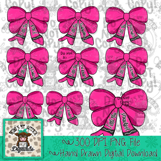 Pink Crayon Bow Back to School Bundle PNG Little Miss Sublimation File Coquette First Second Grade PNG Elementary Grade level School Png