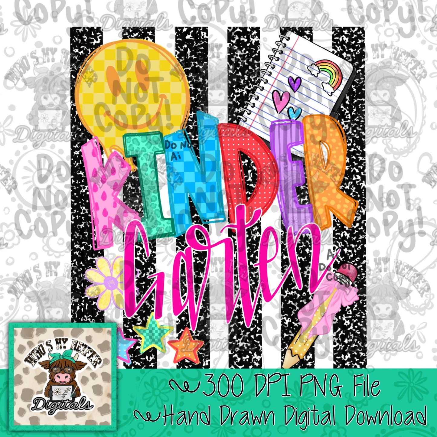 Girl Kindergarten PNG Preppy Notebook Stripes Back to School Sublimation File Trendy First day of School Digital Art Elementary Grade Level