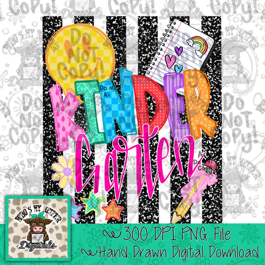 Girl Kindergarten PNG Preppy Notebook Stripes Back to School Sublimation File Trendy First day of School Digital Art Elementary Grade Level