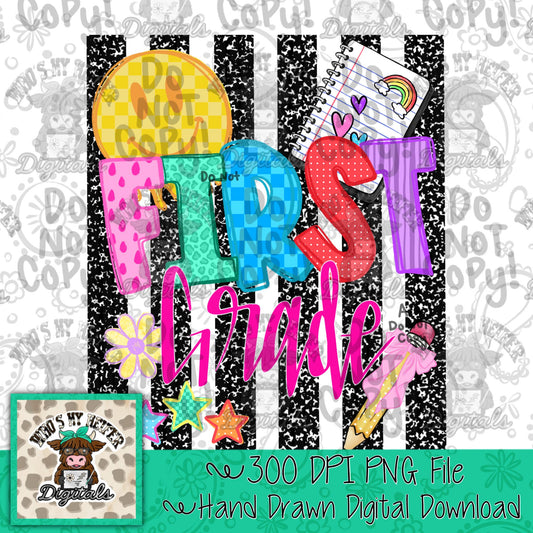 Girl First Grade PNG Preppy Notebook Stripes Back to School Sublimation File Trendy First day of School Digital Art Elementary Grade Level