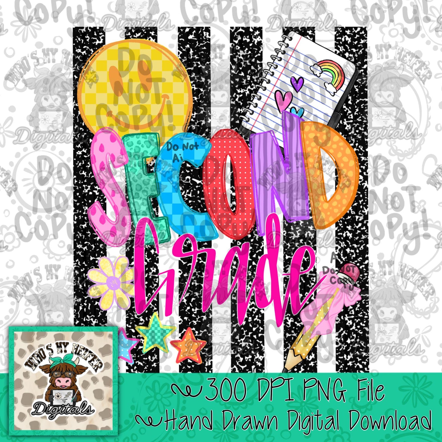 Girl Second Grade PNG Preppy Notebook Stripes Back to School Sublimation File Trendy First day of School Digital Art Elementary Grade Level