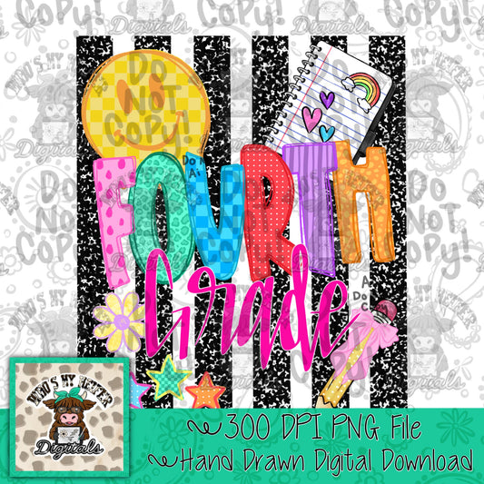 Girl Fourth Grade PNG Preppy Notebook Stripes Back to School Sublimation File Trendy First day of School Digital Art Elementary Grade Level