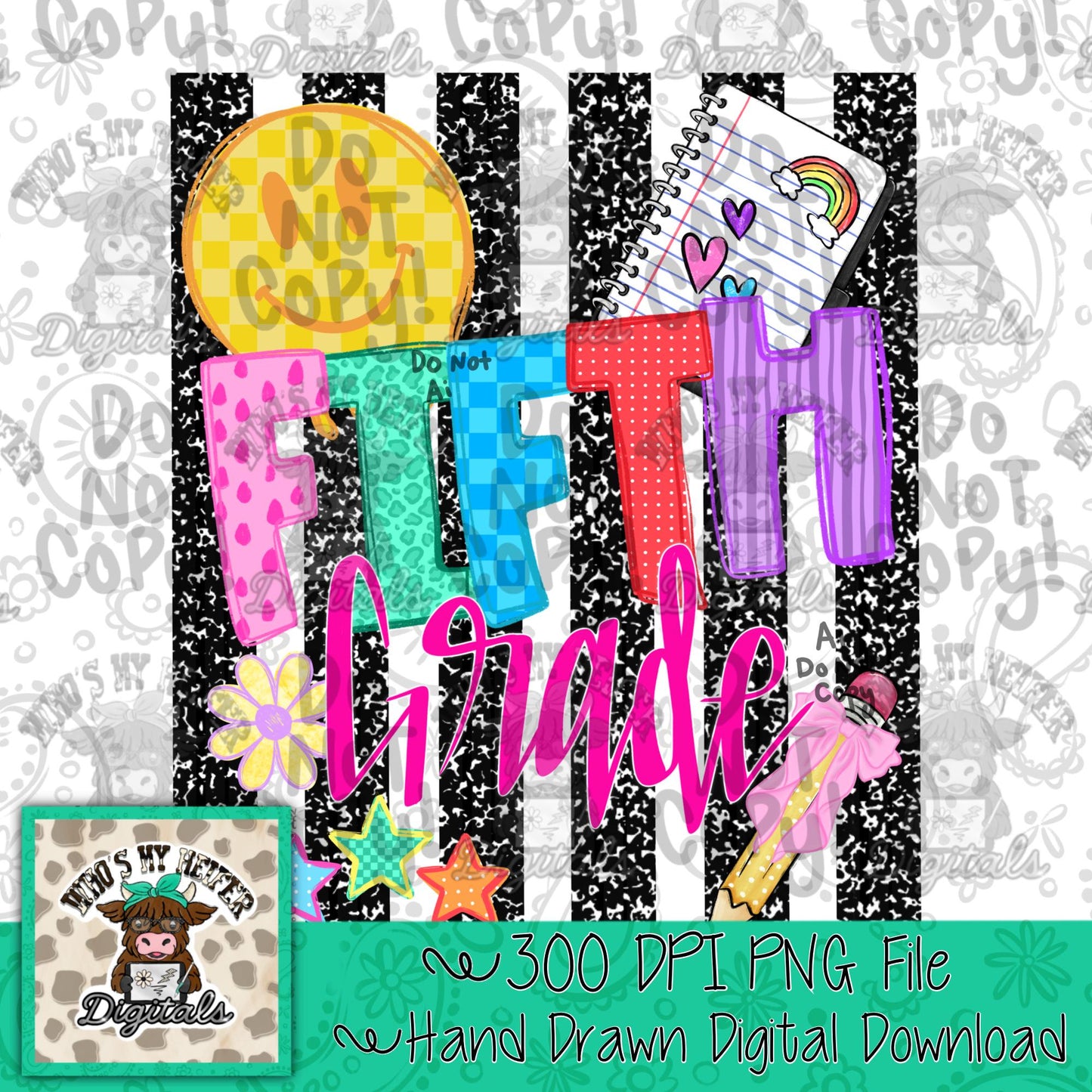 Girl Fifth Grade PNG Preppy Notebook Stripes Back to School Sublimation File Trendy First day of School Digital Art Elementary Grade Level
