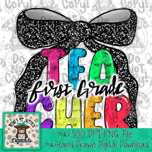 First Grade Teacher with Bow PNG Preppy Notebook Coquette Occupation Sublimation File Elementary Teach Digital Download Neon Bright Colors