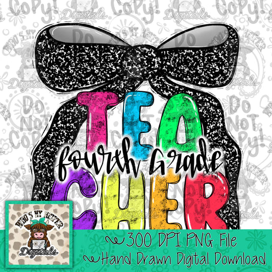 Fourth Grade Teacher with Bow PNG Preppy Notebook Coquette Occupation Sublimation File Elementary Teach Digital Download Neon Bright Colors