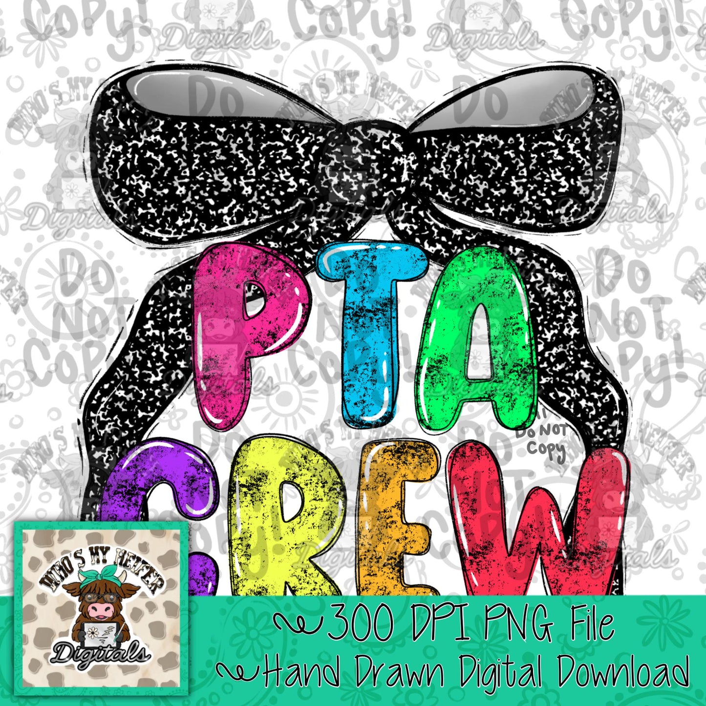 PTA Crew with Bow PNG Preppy Notebook Coquette Occupation Sublimation File School Staff Digital Download Neon Bright Color PTA Shirt Design