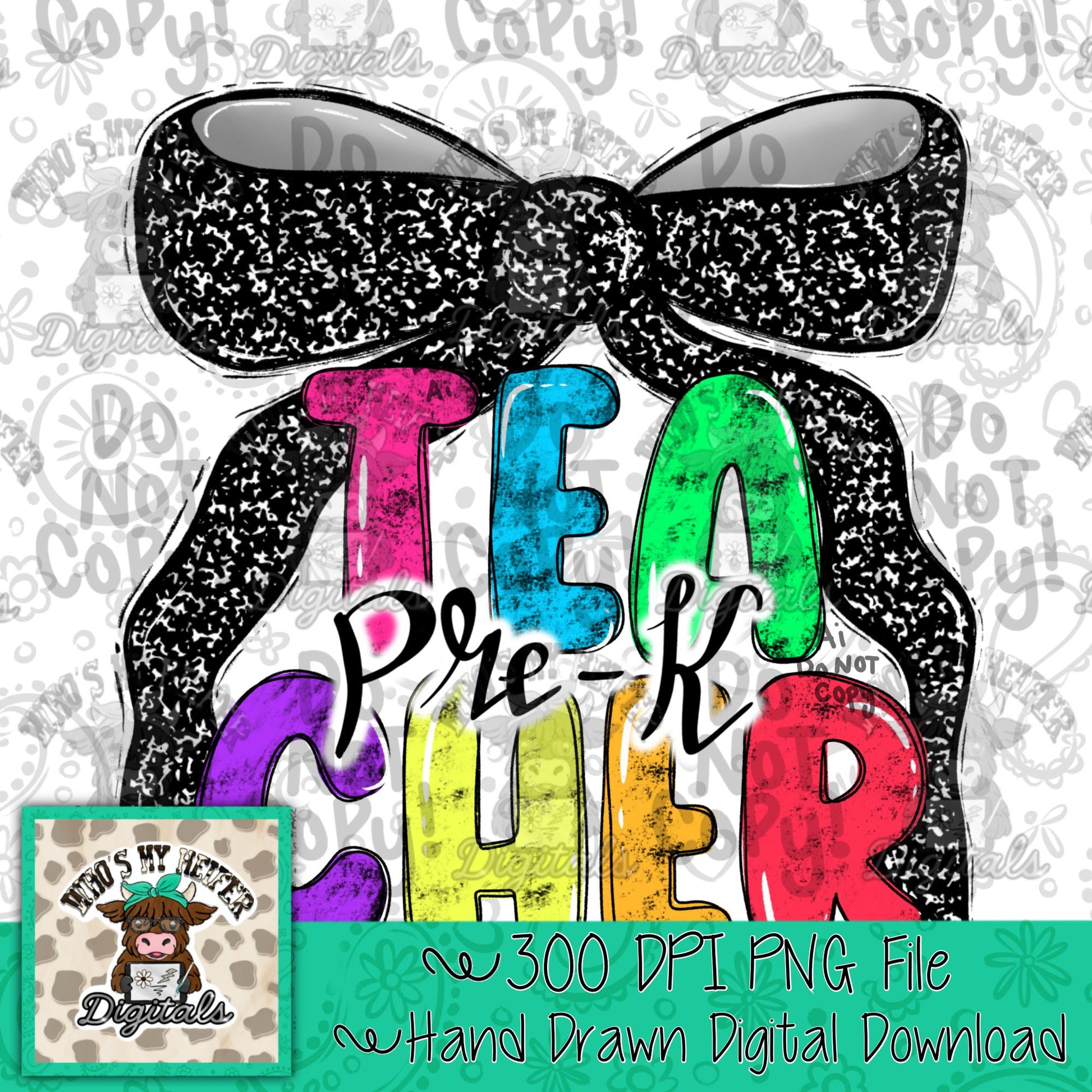 Kindergarten Teacher with Bow PNG Preppy Notebook Coquette Occupation Sublimation File Elementary Teach Digital Download Neon Bright Colors