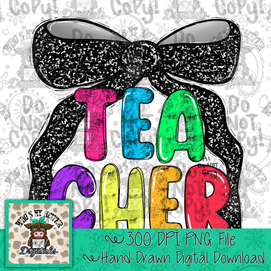 Teacher with Bow PNG Preppy Notebook Coquette Occupation Sublimation File Elementary Teach Digital Download Neon Bright Colors Doodle art