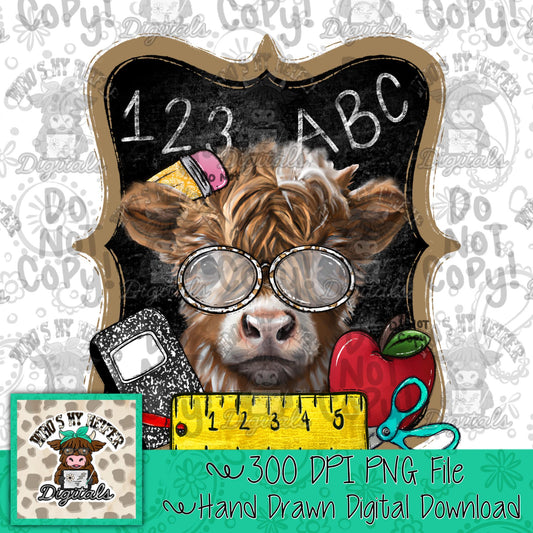Highland Cow Teacher PNG Hand Drawn Teacher Cow with School Supplies and Apple Sublimation File School Teach Digital Download Doodle art