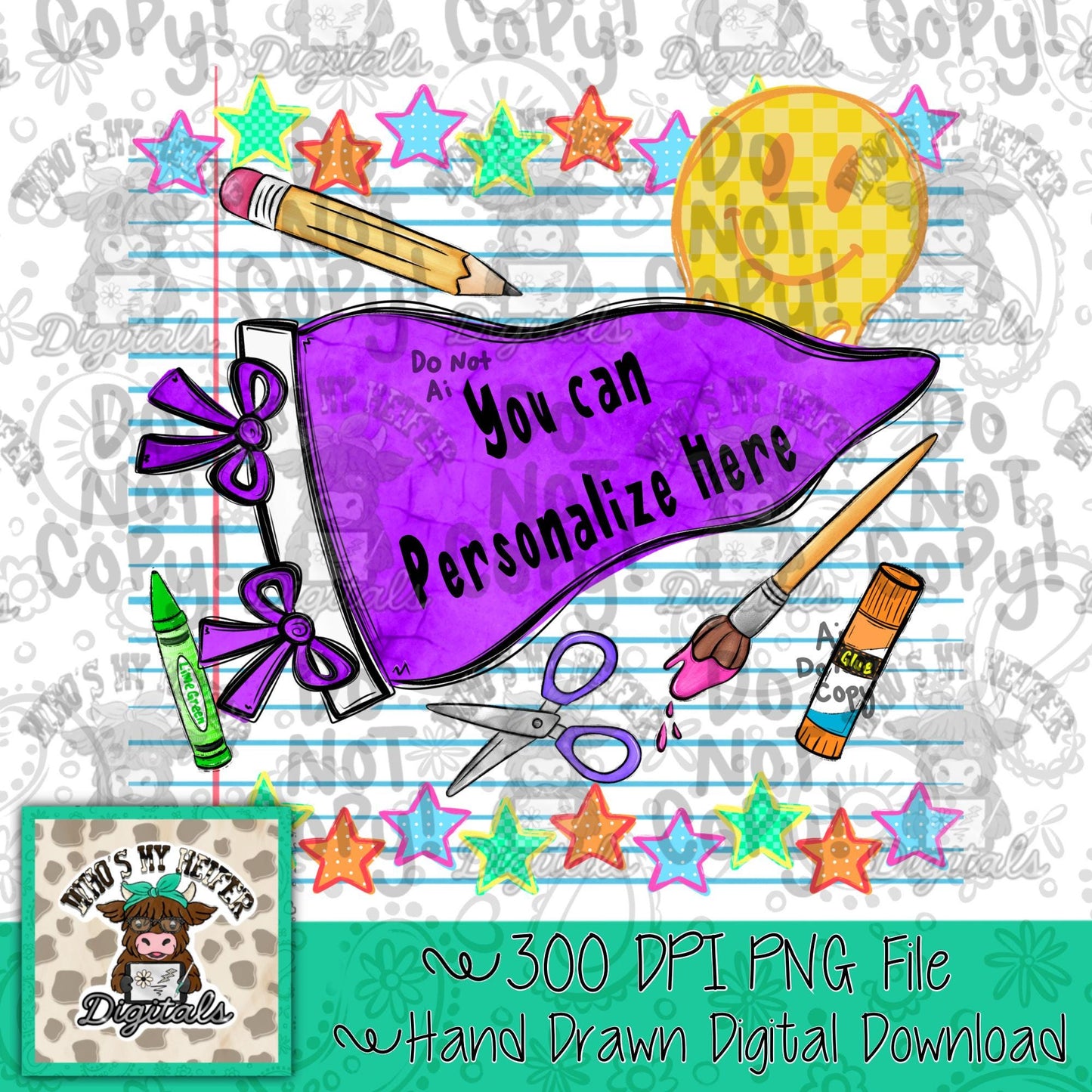 Blank Purple Pennant PNG Hand Drawn Girly Back to School Sublimation File Trendy Teacher Shirt Design Student Teacher Digital Download