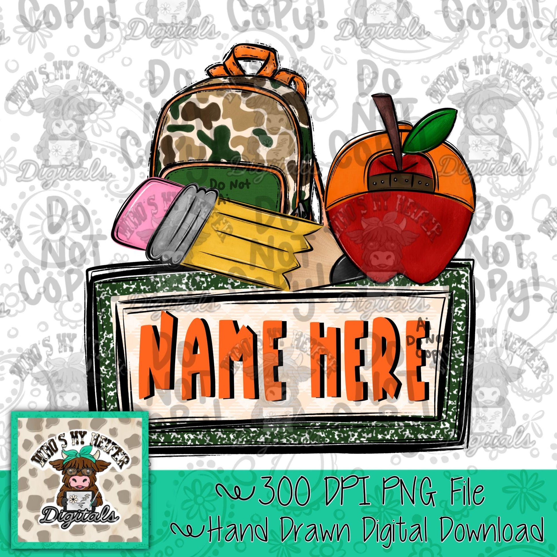 Camo Back to School Name Block PNG Hand Drawn Apple with Hat Sublimation png Beginning of School Digital Camouflage Backpack PNG Pencil PNG