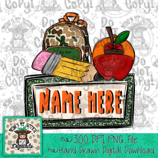 Camo Back to School Name Block PNG Hand Drawn Apple with Hat Sublimation png Beginning of School Digital Camouflage Backpack PNG Pencil PNG