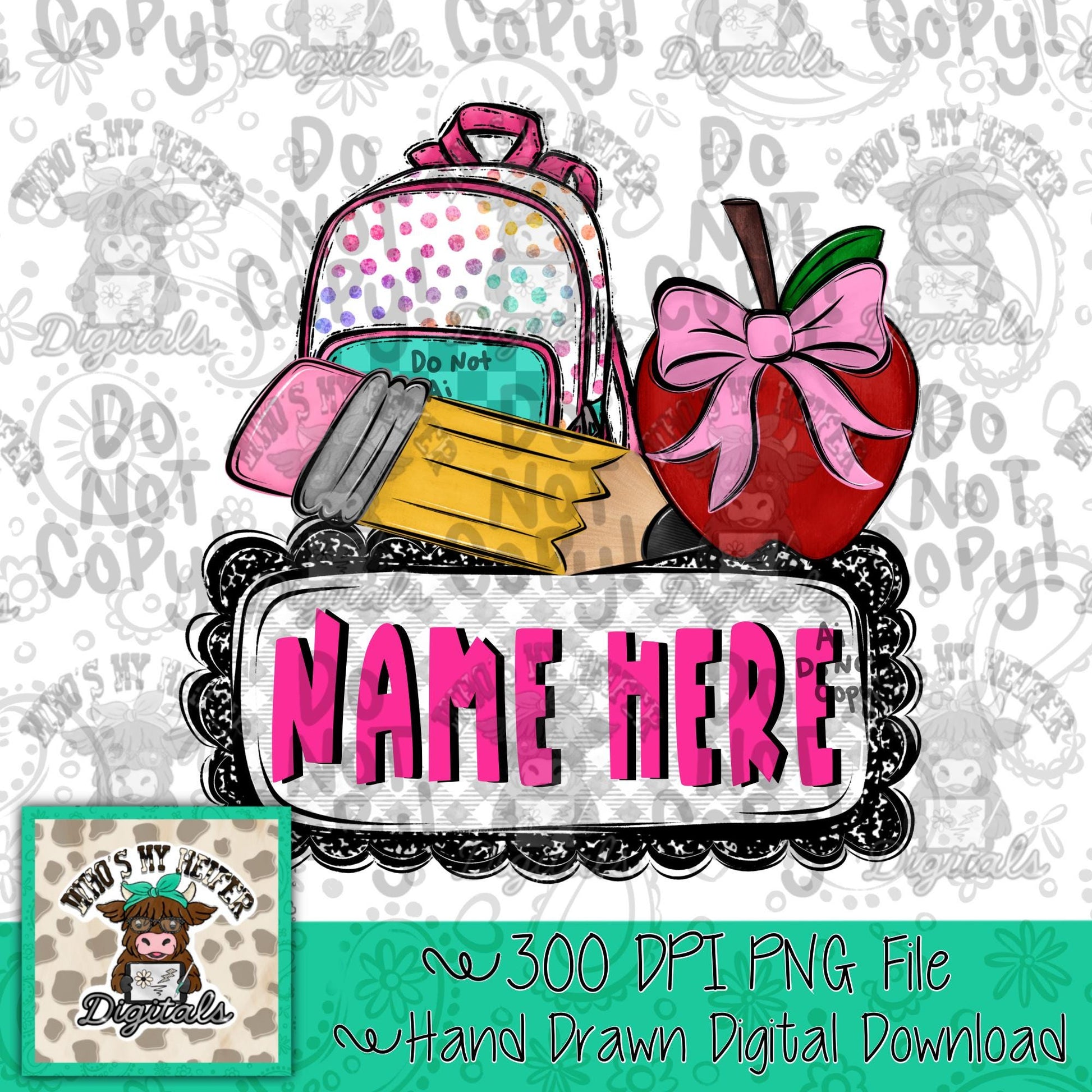 Girly Back to School Name Block PNG Hand Drawn Apple with Bow Sublimation png Beginning of School Digital Checkered Backpack PNG Pencil PNG