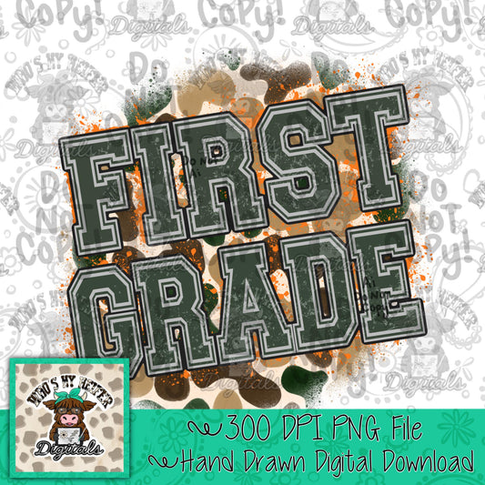 Retro Camouflage First Grade PNG Hand Drawn 1st Grade Sublimation Png School Camo Back to School PNG Boy First day of School Shirt Design