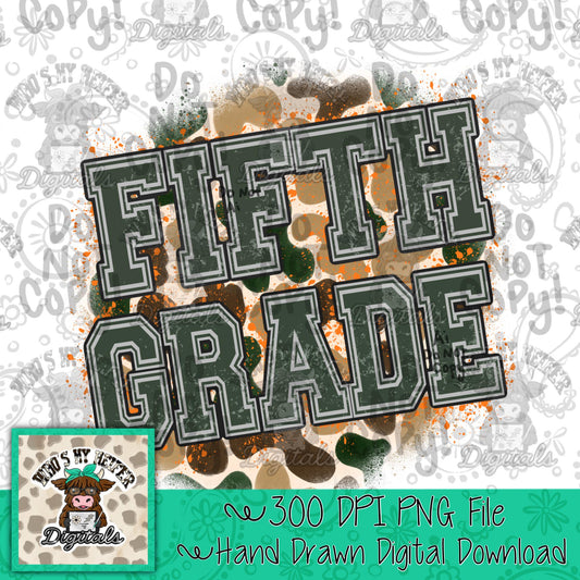 Retro Camouflage Fifth Grade PNG Hand Drawn 5th Grade Sublimation Png School Camo Back to School PNG Boy First day of School Shirt Design