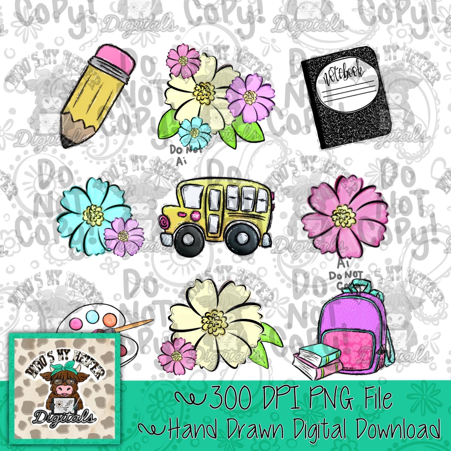 Girly Retro Back to School PNG Hand Drawn Floral School Girl Doodle Sublimation png Beginning of School Preppy First day of School Digital