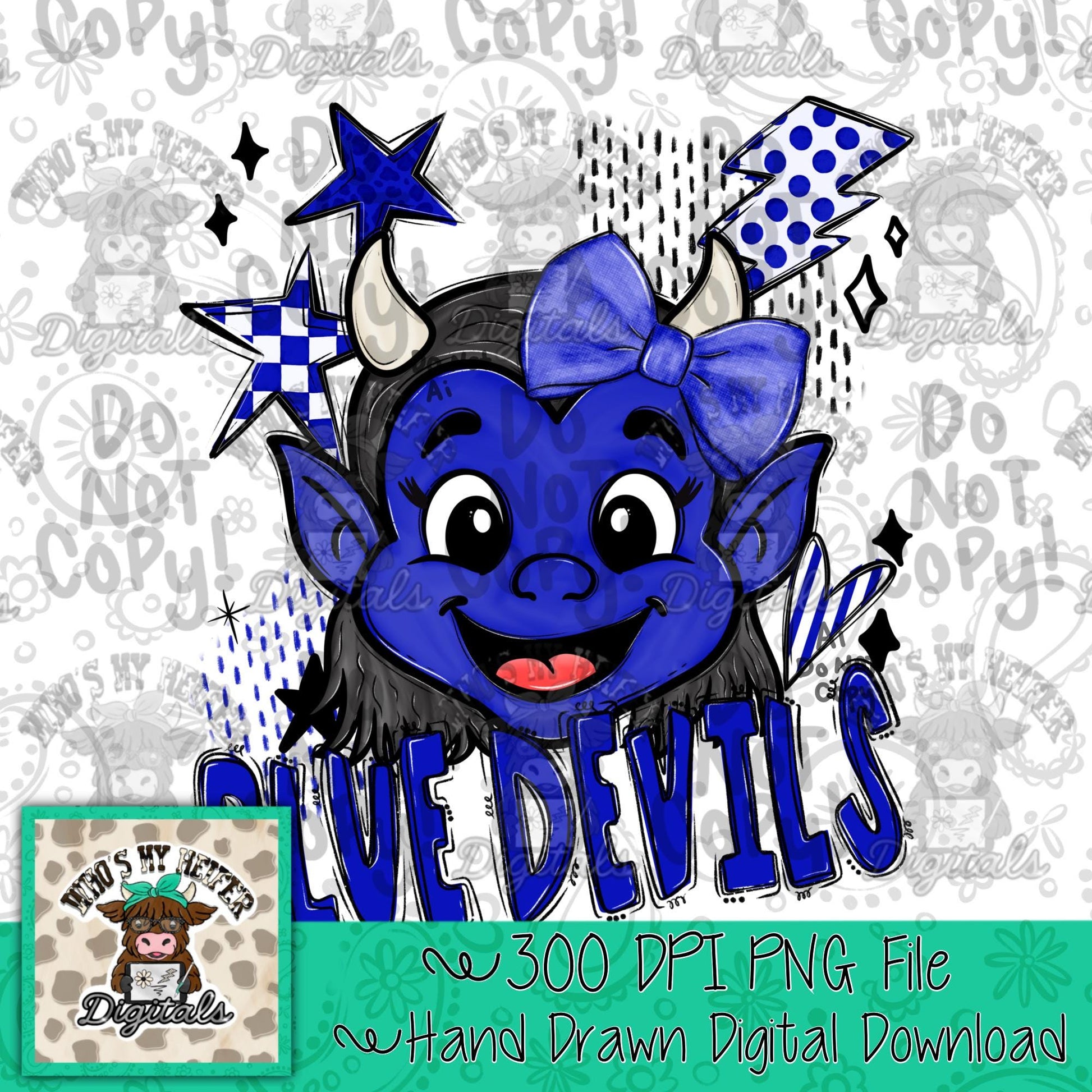 Blue Devil PNG Hand Drawn Devil with Bow Sublimation File Game Day Shirt Design School Spirit PNG Retro Devils Doodle Art Kid Mascot dtf dtg
