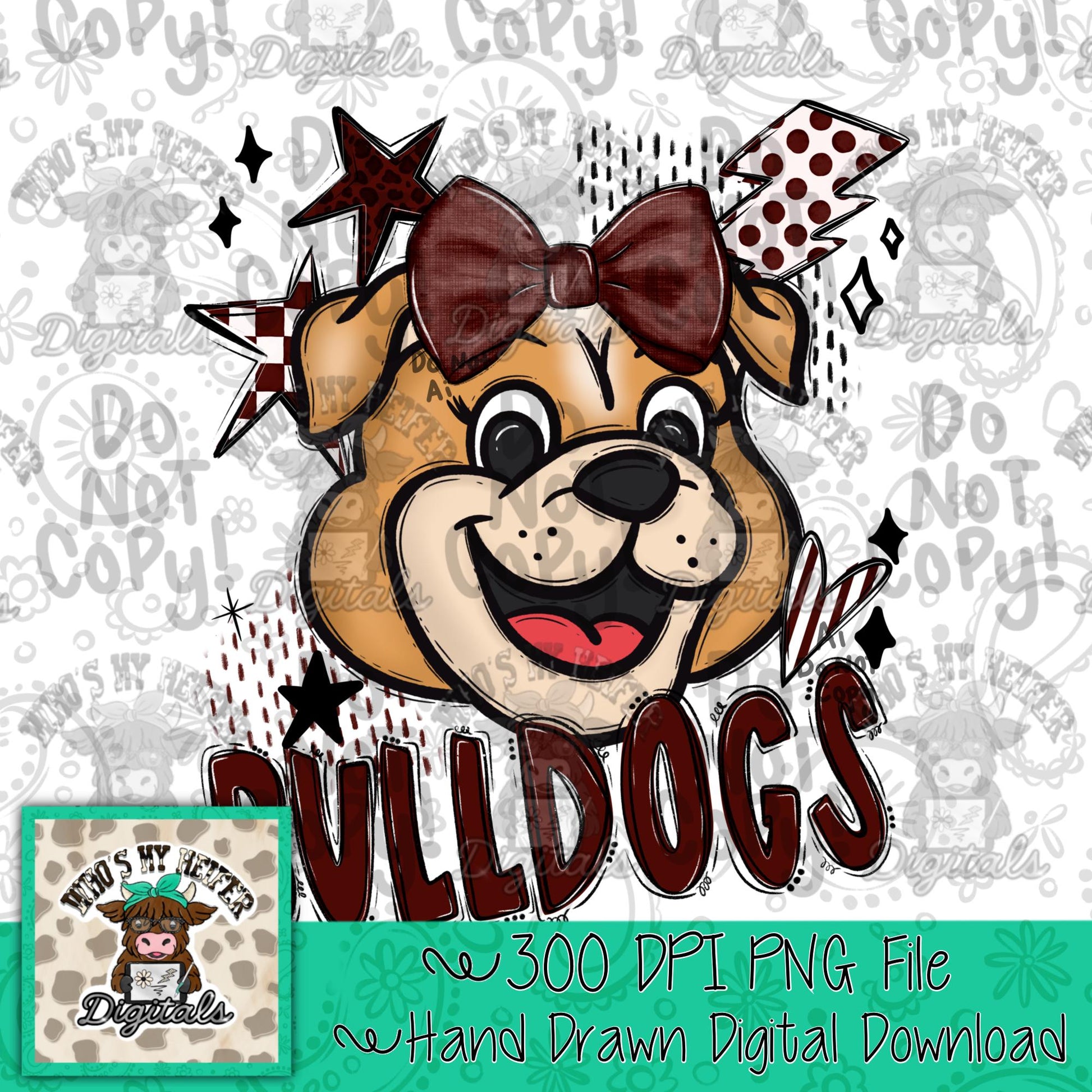 Maroon & White Bulldogs PNG Hand Drawn Bulldog with Bow Sublimation PNG Game Day Shirt Design School Spirit PNG Retro Kid Mascot Doodle Art