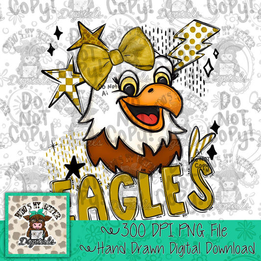 Gold & White Eagles PNG Hand Drawn Eagle with Bow Sublimation PNG Game Day Shirt Design School Spirit PNG Retro Kid Mascot Doodle Art
