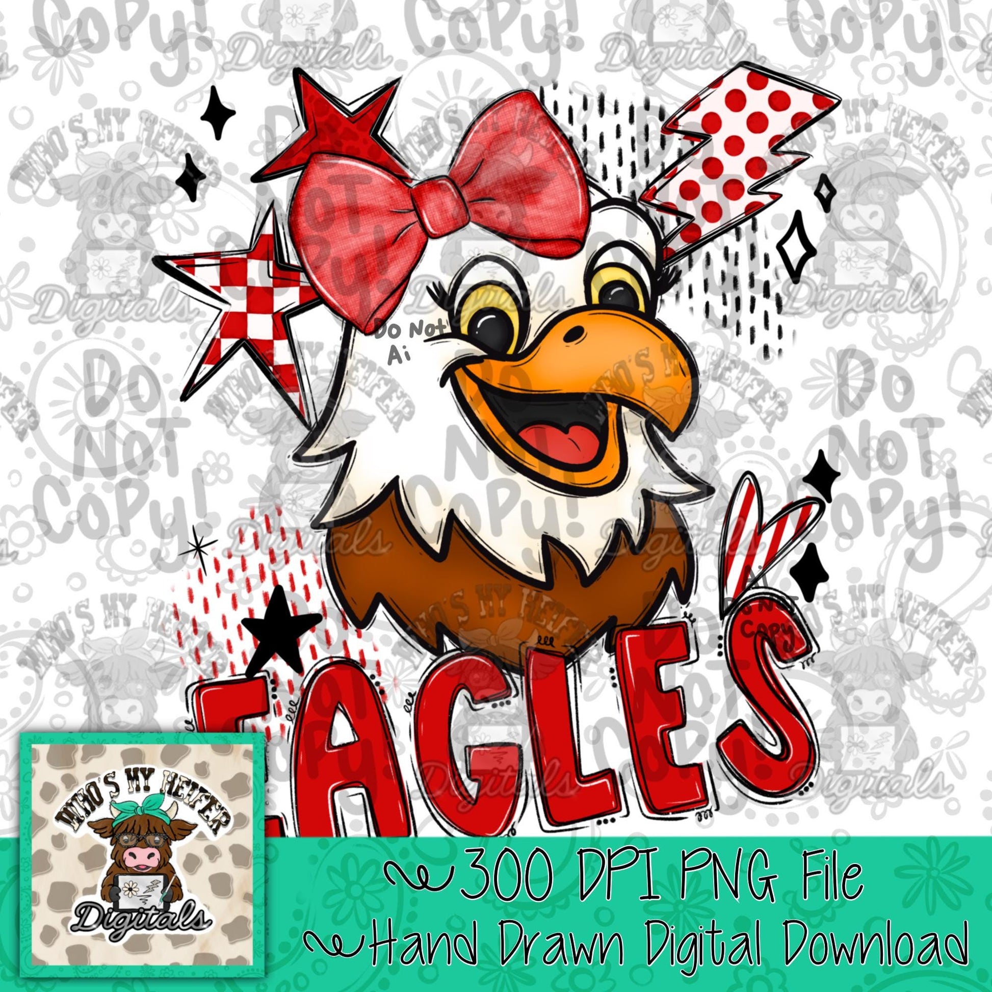 Red & White Eagles PNG Hand Drawn Eagle with Bow Sublimation PNG Game Day Shirt Design School Spirit PNG Retro Kid Mascot Doodle Art