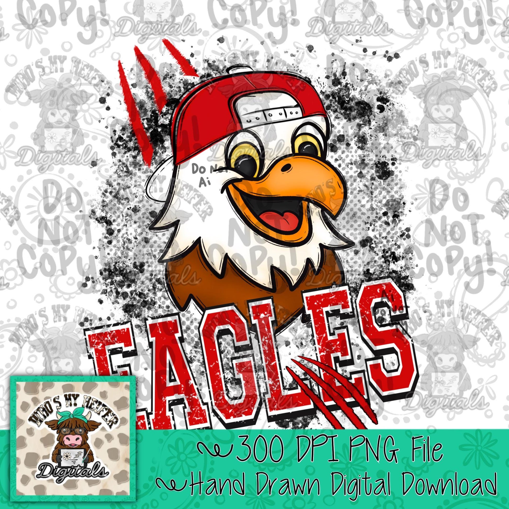 Red & White Eagles PNG Hand Drawn Eagle with Hat Sublimation PNG Game Day Shirt Design School Spirit PNG Retro Kid Mascot Doodle Art