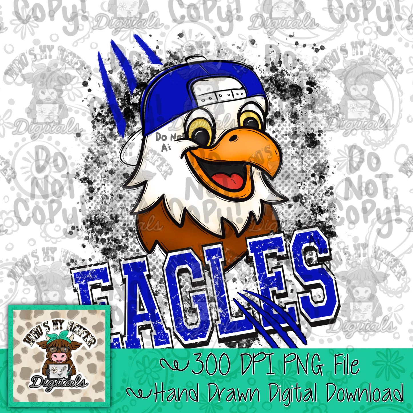 Blue & White Eagles PNG Hand Drawn Eagle with Hat Sublimation PNG Game Day Shirt Design School Spirit PNG Retro Kid Mascot Doodle Art