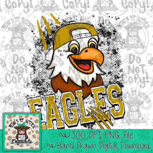 Gold & White Eagles PNG Hand Drawn Eagle with Hat Sublimation PNG Game Day Shirt Design School Spirit PNG Retro Kid Mascot Doodle Art