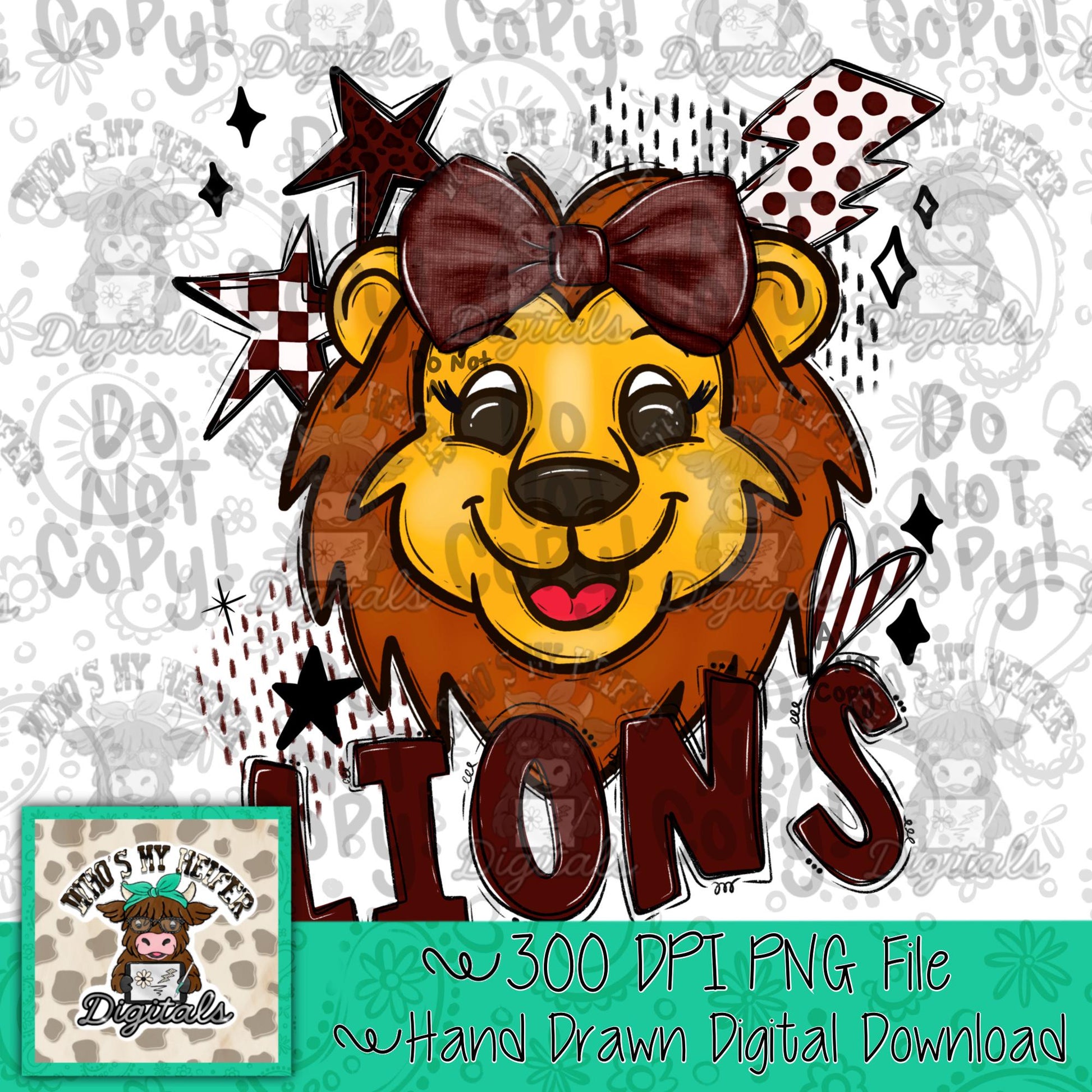 Maroon & White Lions PNG Hand Drawn Lions with Bow Sublimation PNG Game Day Shirt Design School Spirit PNG Retro Kid Mascot Doodle Art