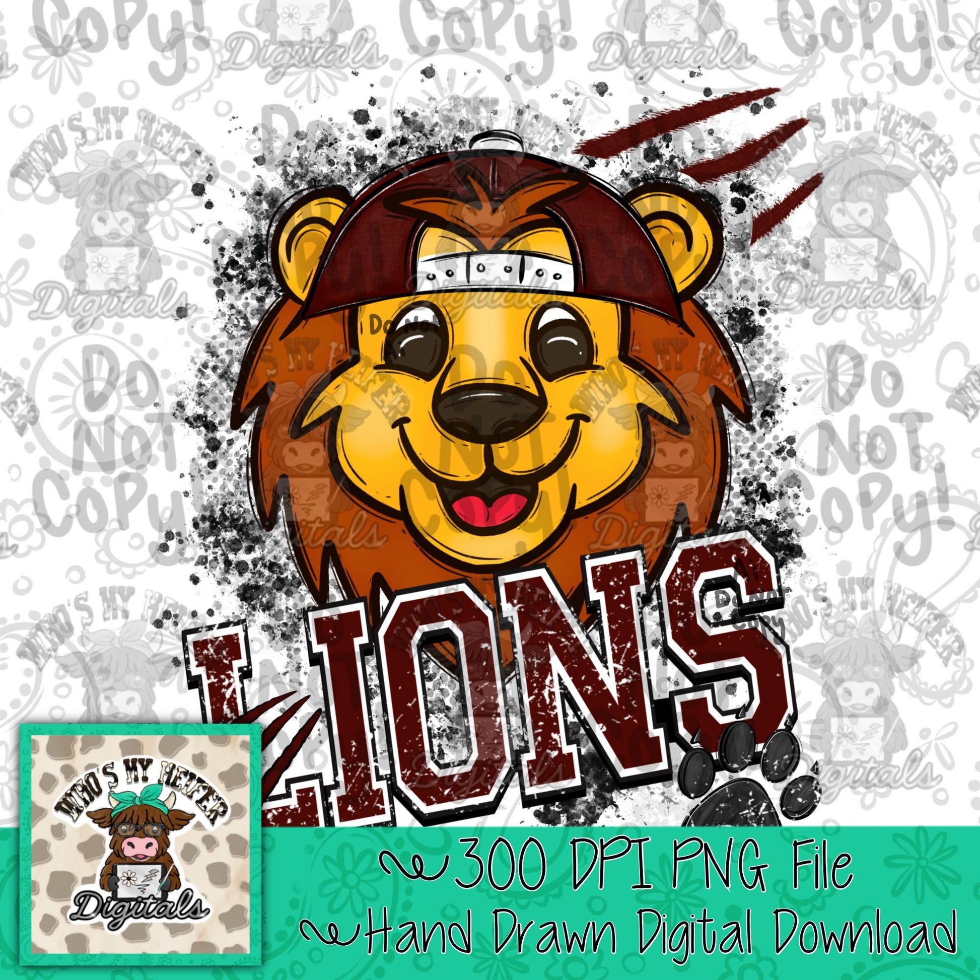 Maroon & White Lions PNG Hand Drawn Lions with Hat Sublimation PNG Game Day Shirt Design School Spirit PNG Retro Kid Mascot Doodle Art