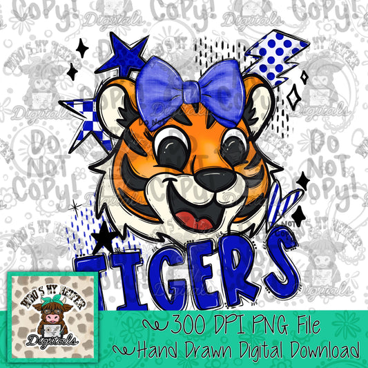 Blue & White Tiger PNG Hand Drawn Tiger with Bow Sublimation PNG Game Day Shirt Designs School Spirit PNG Retro Kid Mascot Digital Download