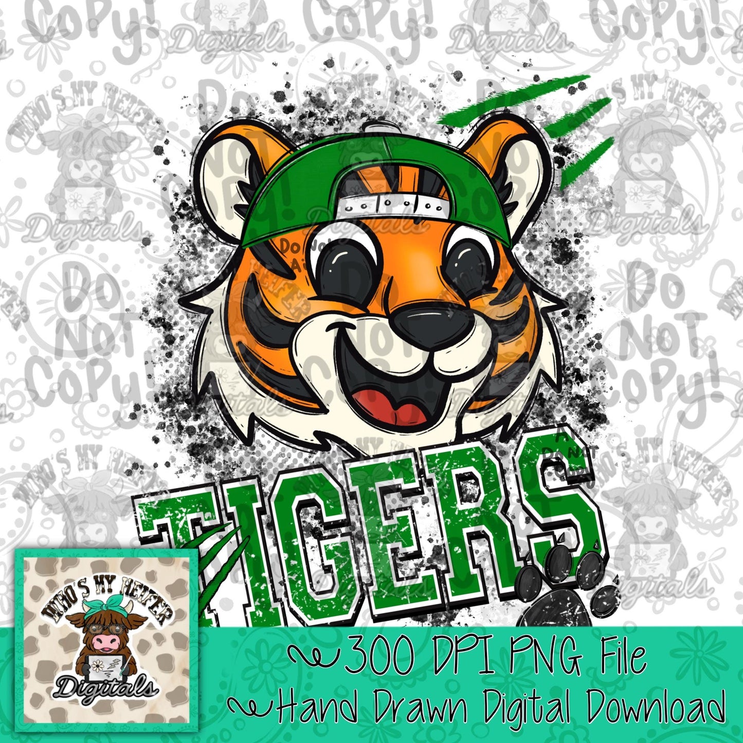 Green & White Tiger PNG Hand Drawn Tiger with Hat Sublimation PNG Game Day Shirt Designs School Spirit PNG Retro Kid Mascot Digital Download