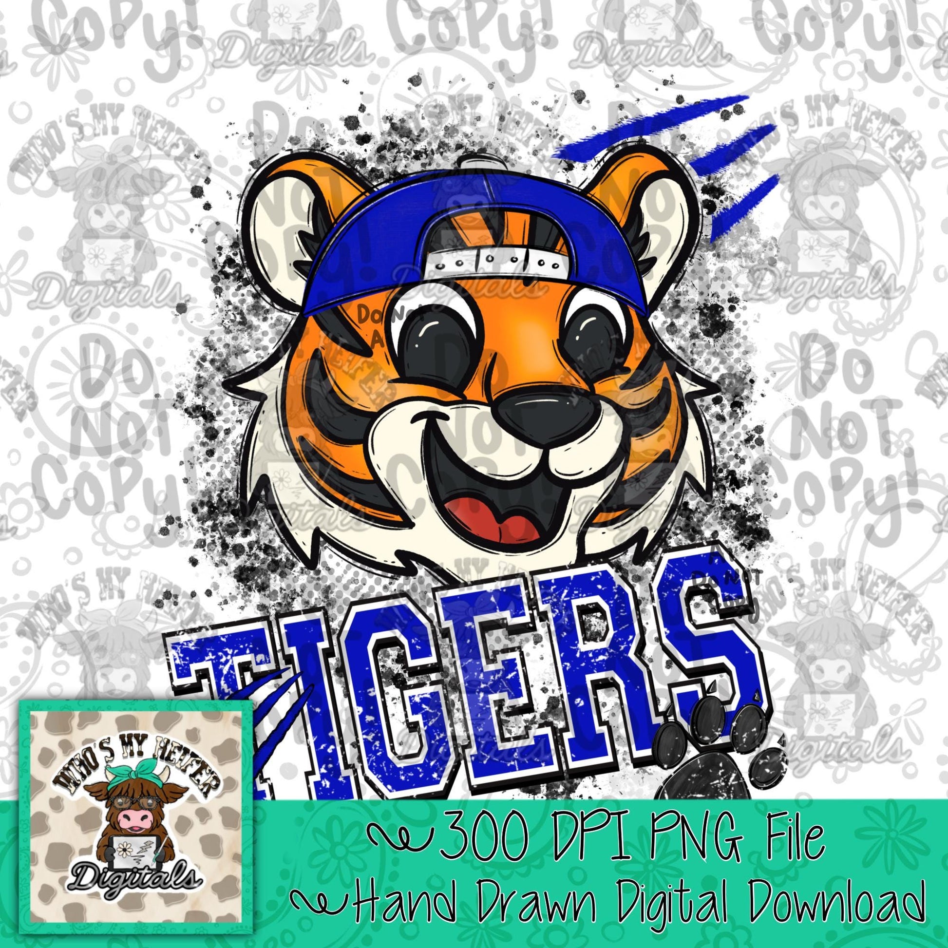 Blue & White Tiger PNG Hand Drawn Tiger with Hat Sublimation PNG Game Day Shirt Designs School Spirit PNG Retro Kid Mascot Digital Download