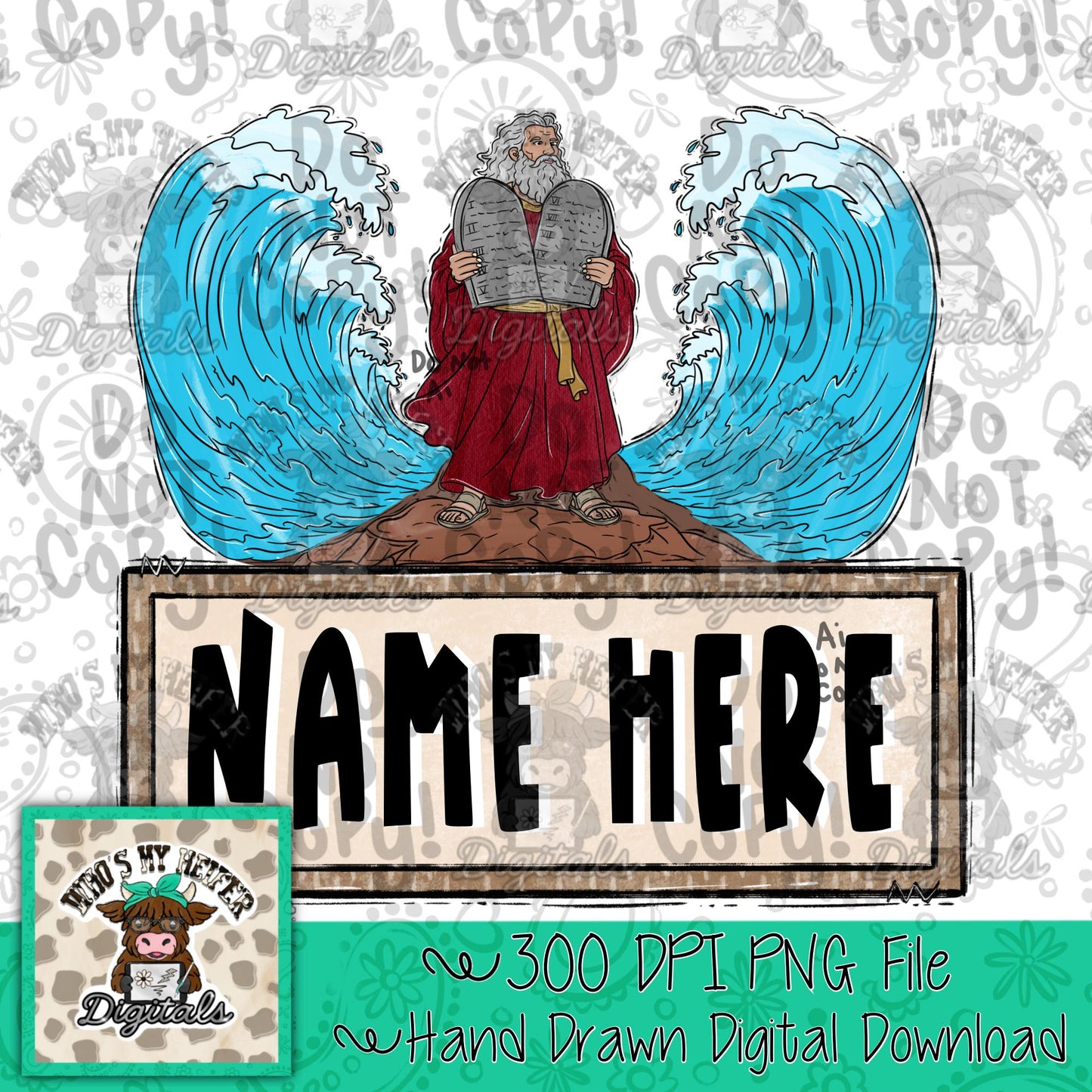 Moses's Story Name Block Sublimation PNG Hand Drawn Moses with the Red Sea & Ten Commandments Kid Bible Verse Shirt Design Kid Doodle Art