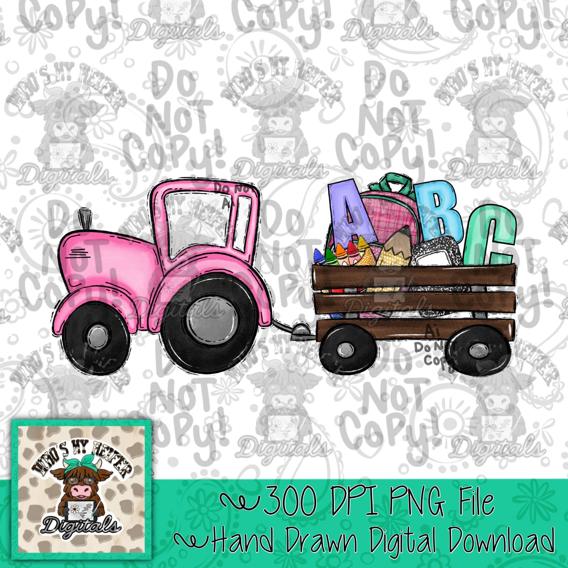 Girly Back to School Tractor PNG Hand Drawn Pink Tractor with Wagon Doodle Sublimation png Beginning of School First day of School Digital