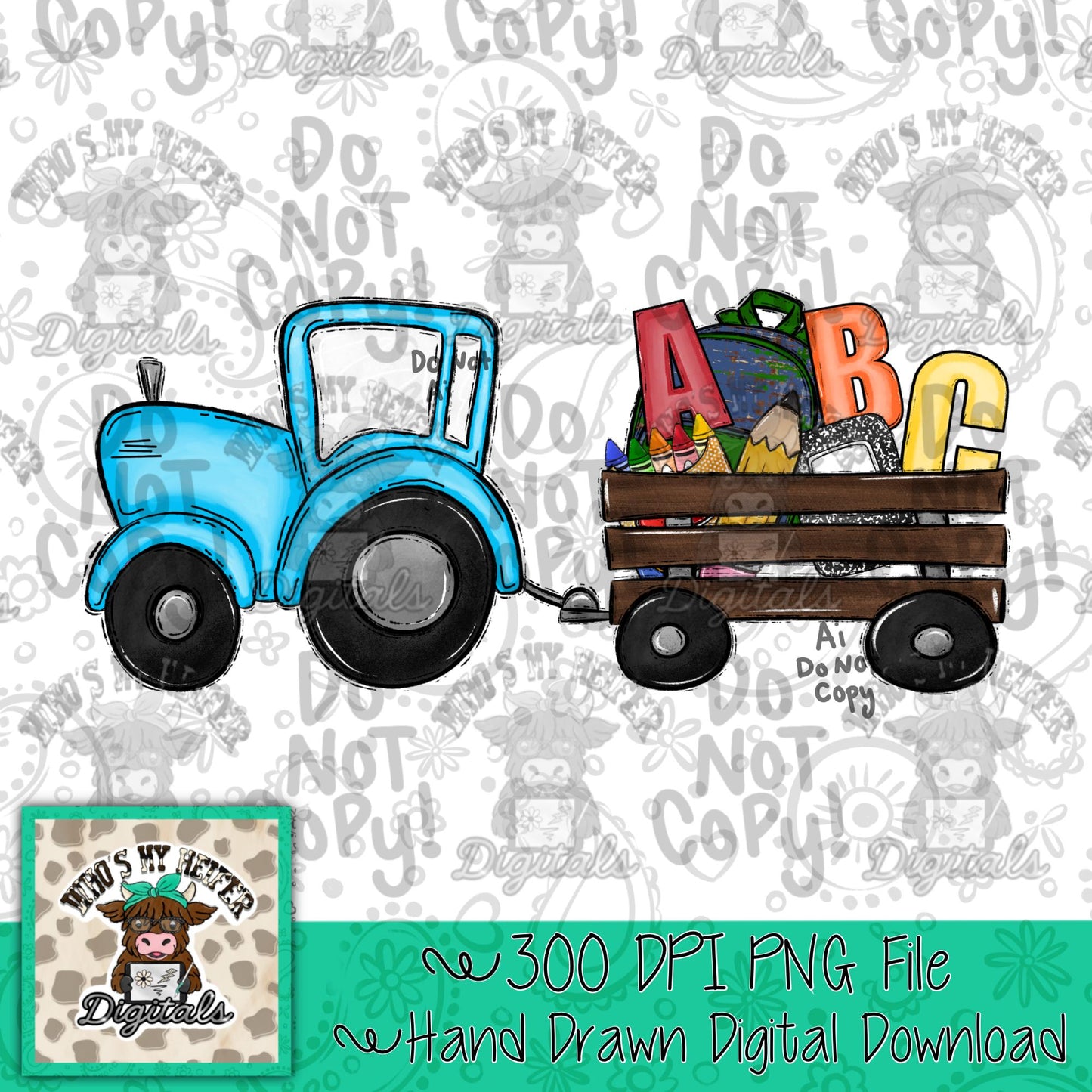 Boy Back to School Tractor PNG Hand Drawn Blue Tractor with Wagon Doodle Sublimation png Beginning of School First day of School Digital