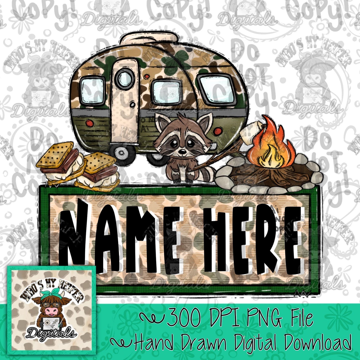 Camo Camper with Name Patch PNG File Hand Drawn Camper with Campfire & Smore Clipart Kids Camping Sublimation Shirt Design Digital Download