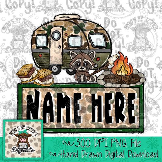 Camo Camper with Name Patch PNG File Hand Drawn Camper with Campfire & Smore Clipart Kids Camping Sublimation Shirt Design Digital Download