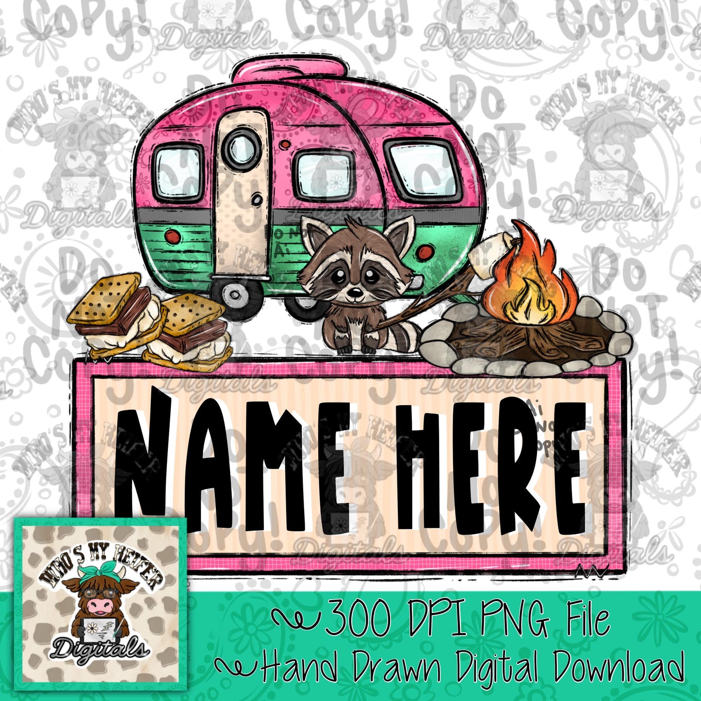 Pink Camper with Name Patch PNG File Hand Drawn Camper with Campfire & Smore Clipart Kids Camping Sublimation Shirt Design Digital Download