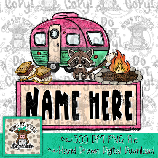 Pink Camper with Name Patch PNG File Hand Drawn Camper with Campfire & Smore Clipart Kids Camping Sublimation Shirt Design Digital Download