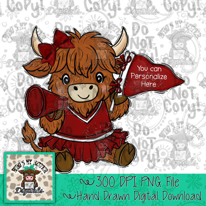 Red & White Cute Cheer Farm Animal PNG Hand Drawn Highland Cow Cheerleader with Customizable Pennant and Megaphone Sublimation File Girl Bow