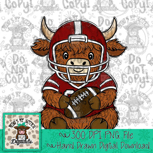 Red & White Jersey Farm Animal PNG Hand Drawn Highland Cow Football Player Sublimation File Everyday Farm theme Game Day Shirt Design