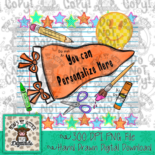 Blank Orange Pennant PNG Hand Drawn Girly Back to School Sublimation File Trendy Teacher Shirt Design Student Teacher Digital Download