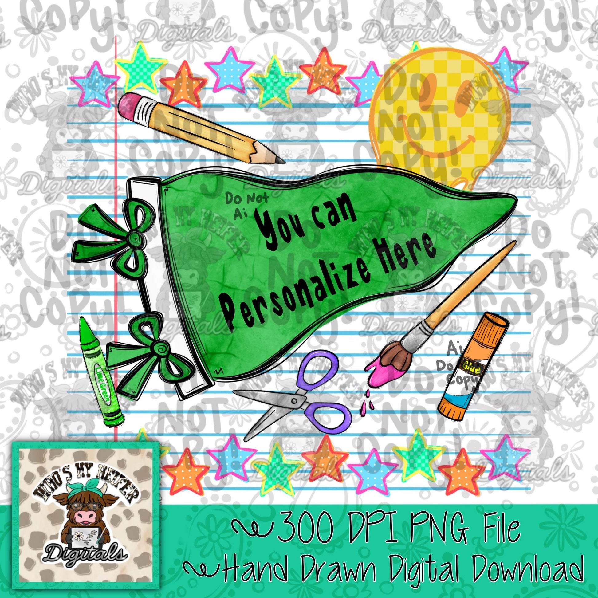 Blank Green Pennant PNG Hand Drawn Girly Back to School Sublimation File Trendy Teacher Shirt Design Student Teacher Digital Download