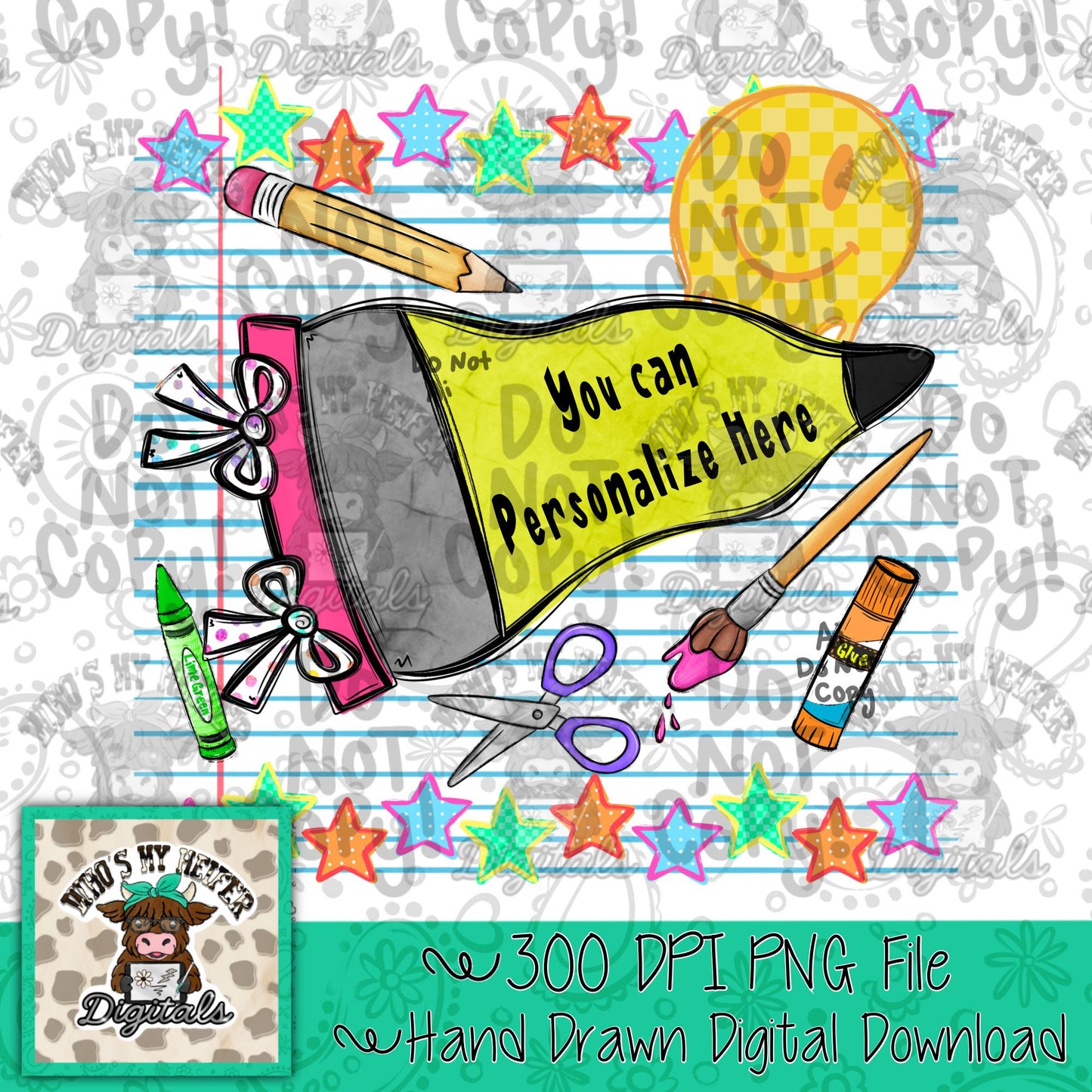 Blank School Pencil Pennant PNG Hand Drawn Girl Back to School Sublimation File Trendy Teacher Shirt Design Student Teacher Digital Download