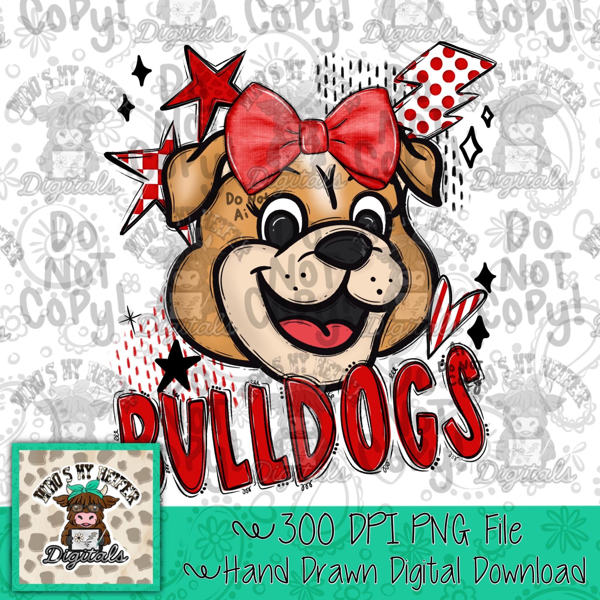 Red & White Bulldogs PNG Hand Drawn Bulldog with Bow Sublimation PNG Game Day Shirt Design School Spirit PNG Retro Kid Mascot Doodle Art