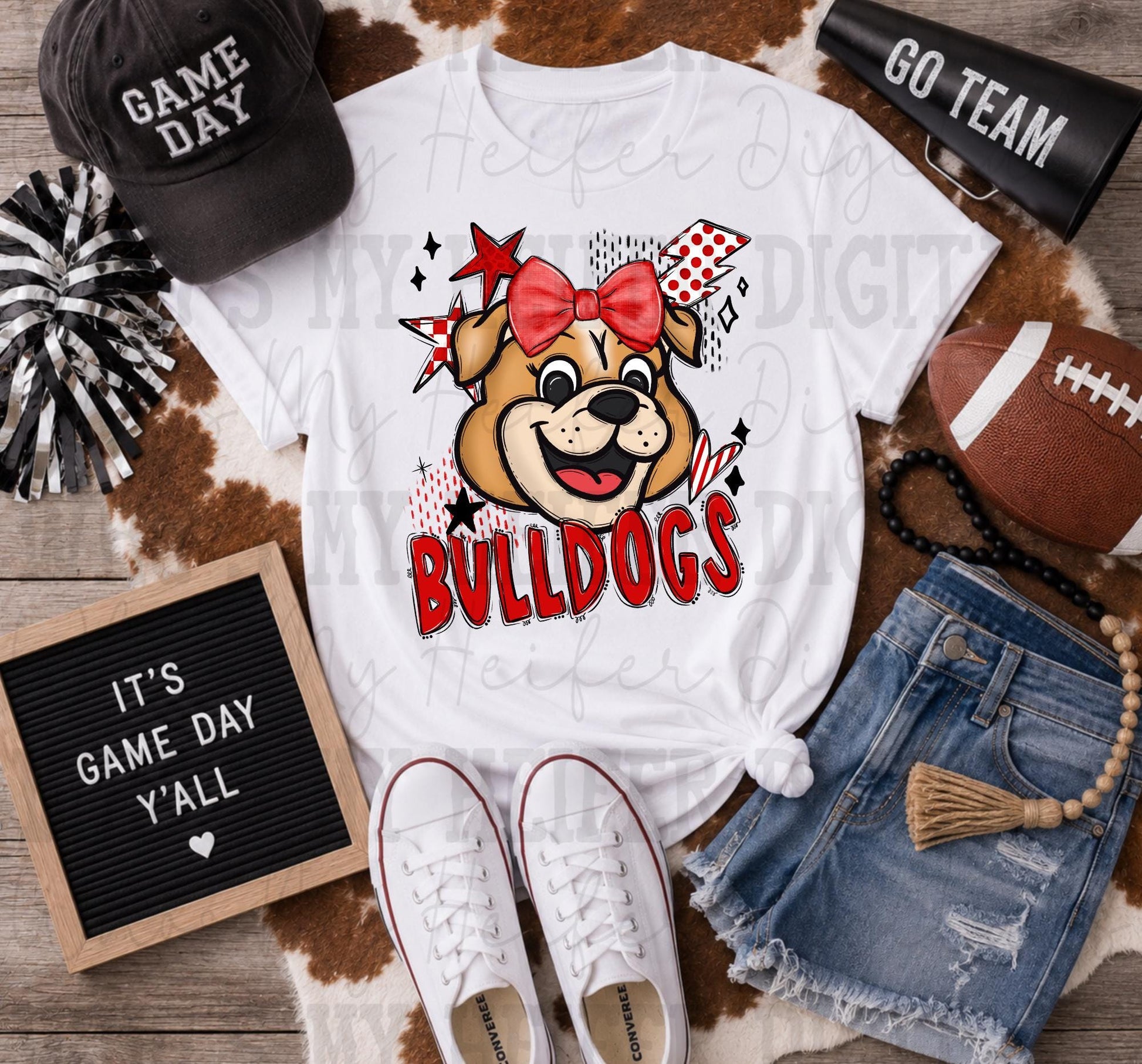Red & White Bulldogs PNG Hand Drawn Bulldog with Bow Sublimation PNG Game Day Shirt Design School Spirit PNG Retro Kid Mascot Doodle Art