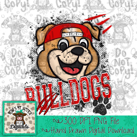 Red & White Bulldogs PNG Hand Drawn Bulldog with Hat Sublimation File Game Day Shirt Design School Spirit PNG Retro Kid Mascot Doodle Art