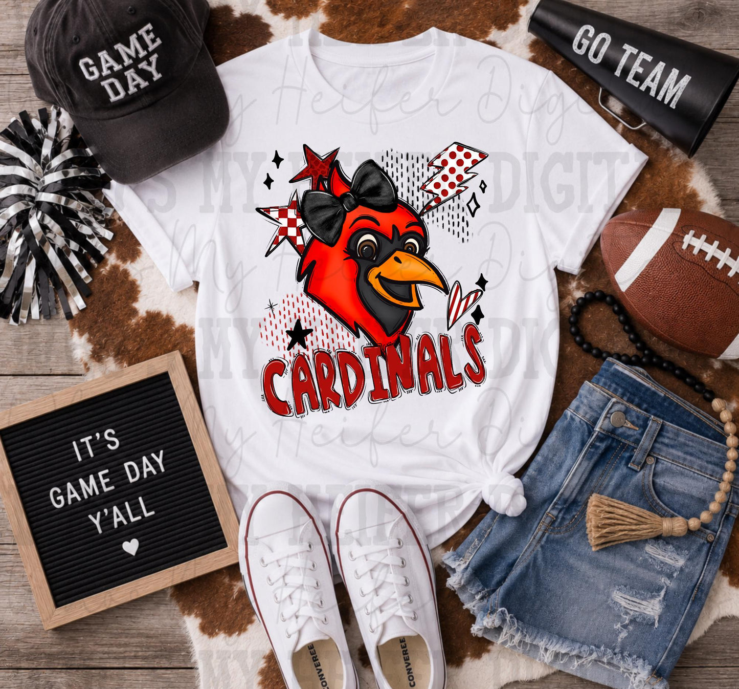 Red & White Cardinal PNG Hand Drawn Cardinal with Bow Sublimation PNG Game Day Shirt Design School Spirit Retro Kid Mascot Doodle Art