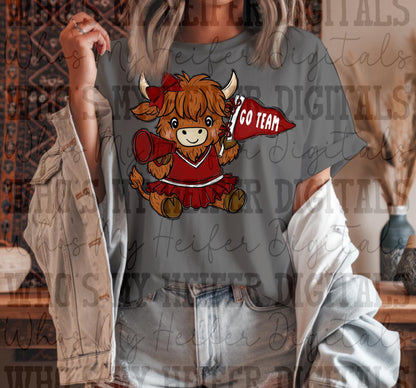 Red & White Cute Cheer Farm Animal PNG Hand Drawn Highland Cow Cheerleader with Customizable Pennant and Megaphone Sublimation File Girl Bow