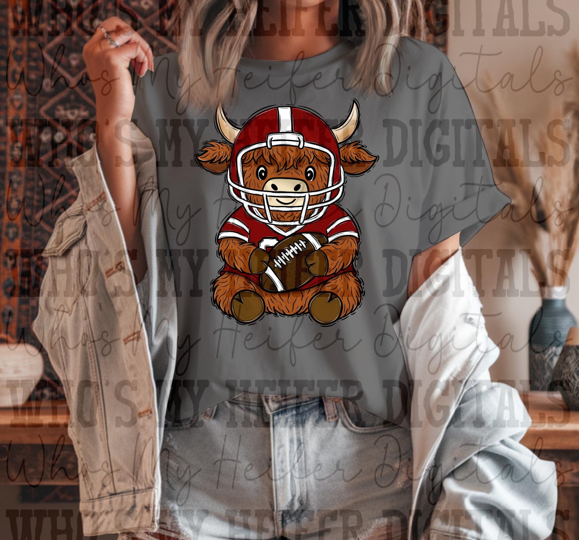Red & White Jersey Farm Animal PNG Hand Drawn Highland Cow Football Player Sublimation File Everyday Farm theme Game Day Shirt Design